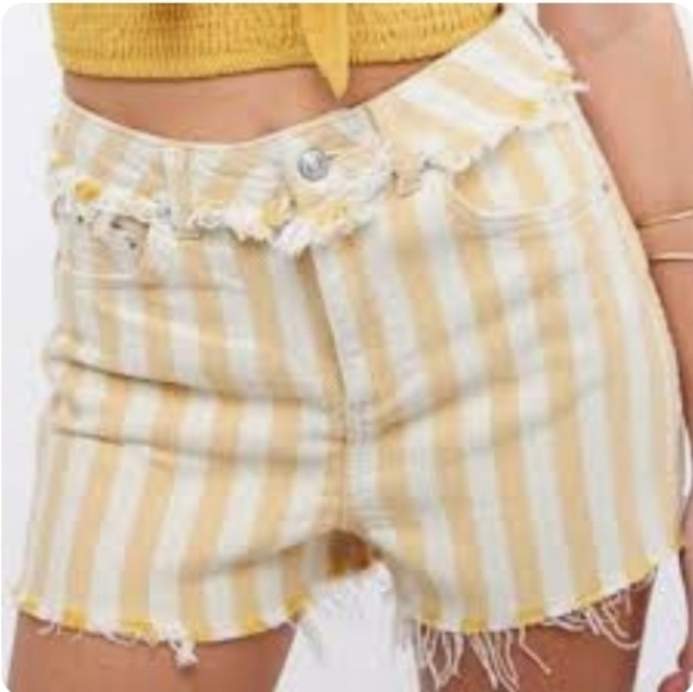 ***TOPSHOP MOM striped raw edge cut-off denim shorts